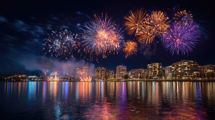 Fototapeta premium Spectacular Night Sky Illuminated by Colorful Fireworks Over Cityscape Reflected in Calm Water, Celebrating Exciting Special Event with Joyful Atmosphere