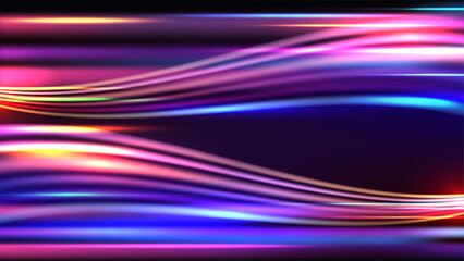 Abstract neon light trails with dynamic magenta and blue glowing lines on dark background representing high speed technology