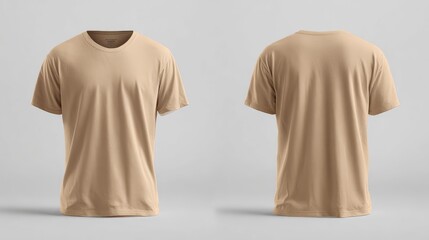 Plain Beige T-Shirt Displayed from Front and Back on a Neutral Background, Ideal for Fashion, Marketing, and Apparel Design Projects
