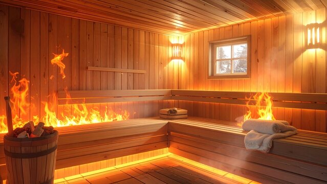 火災で炎上するサウナ室の内部