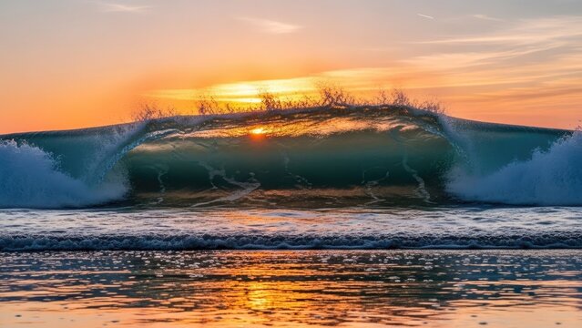 A large wave crashes on the shore during a vibrant sunset