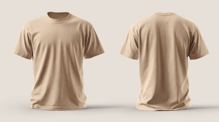 Plain beige T-shirt mockup displayed from front and back angles, showcasing a versatile and casual design suitable for various clothing lines and branding purposes.