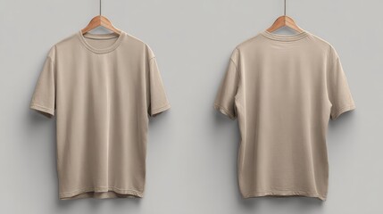 Neutral Beige T-Shirt Hanging on a Wooden Hanger Against a Simple Gray Background with Front and Back Views for Clothing and Fashion Displays