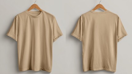 Front and Back View of Plain Beige T-Shirt on Wooden Hanger Against Light Gray Background for Apparel Fashion or Clothing Mockup Use