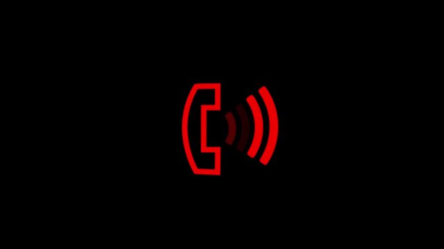 Red telephone icon with sound waves on a black background Keywords: telephone, icon, symbol, communication, call, sound, waves, signal, connection, technology, digital, graphic, design, vector
