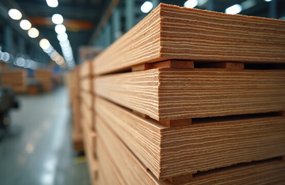 Stacked cross laminated timber CLT panels in factory warehouse. Thick layers of wood form strong building material for modern sustainable construction projects.