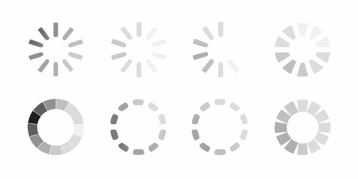 Progress indicators a set of six grayscale loading or buffering symbols