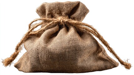 Rustic burlap sack bag with twine closure, perfect for storage, decoration, or gifting, showcasing natural fibers in an artistic manner for versatile use indoors or outdoors.