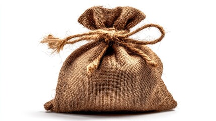 Rustic burlap sack tied with twine on a white background, perfect for showcasing natural materials, craft projects, or vintage-themed designs