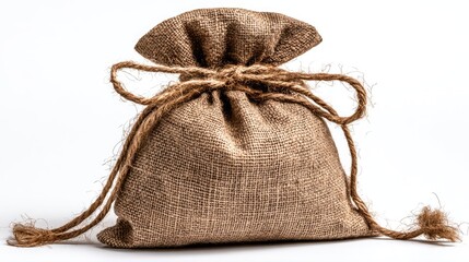 A rustic burlap sack tied with natural twine, perfect for showcasing products, gifts, or as a charming decorative element in rustic environments.