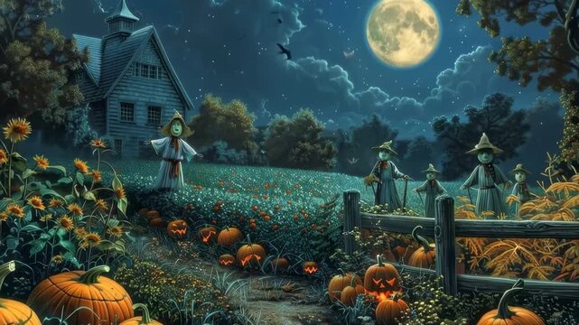 Halloween Night Scene: A captivating night scene, featuring scarecrows and pumpkins under a full moon, set amidst a mystical autumn landscape. 