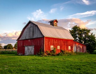 Obraz premium A red barn with a cupola in a green field
