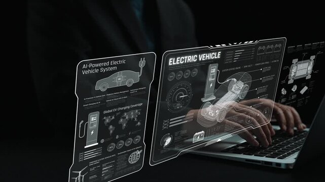 Technical layout of electric vehicle showing battery system, power control, traction motor, charging interface, and integration with renewable and smart energy sources Marrow