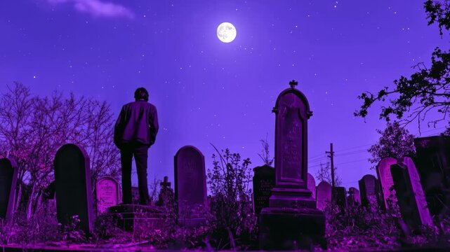 Nocturnal Contemplation in the Graveyard: A solitary figure stands silhouetted amidst the haunting beauty of a moonlit graveyard, shrouded in an air of mystery and introspection.