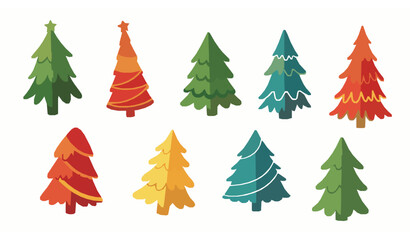 Obraz premium Modern colorful Christmas tree vector set with stylized flat cartoon holiday design