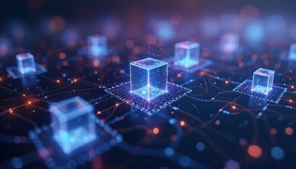 Abstract digital cubes connect across futuristic network grid. Glowing nodes, lines form decentralized data system. Tech background illustrates secure information exchange, distributed ledger