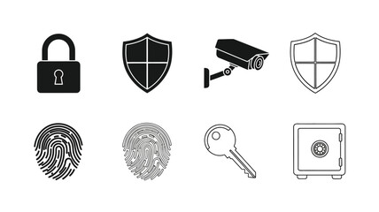 Security icons depicting locks shields and surveillance a black silhouette © Nurunnar