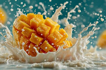 A vibrant mango bursts through a dynamic milk splash in a high-speed studio shot, showcasing hyperrealistic texture and vivid color against a clean background.