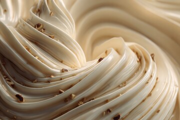 A close-up of creamy dessert swirls with chopped nuts, captured in soft natural light.