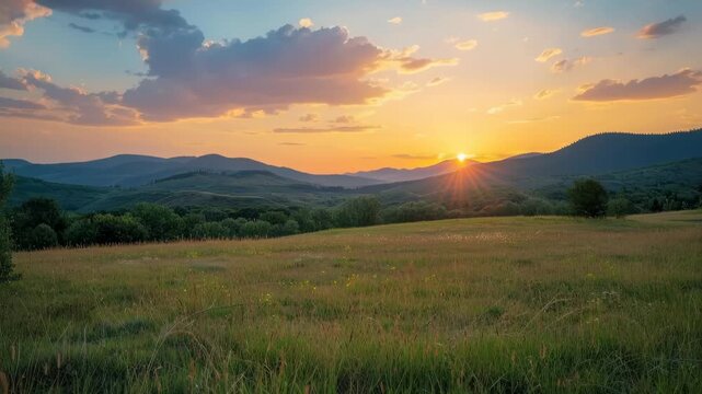 Sunset over rolling hills and meadows: Capturing the beauty of the natural world, the sun dips below the horizon, casting a warm glow over a field and mountainscape.