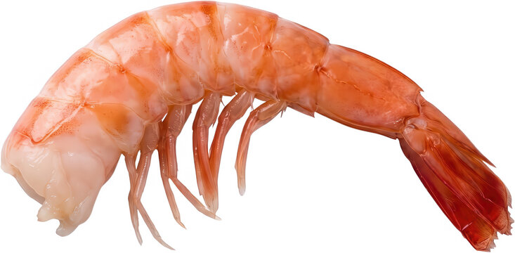A cooked peeled shrimp with delicate segmented body and tail showcasing its natural pinkish orange hue and detailed translucence seafood prawn shellfish transparent background