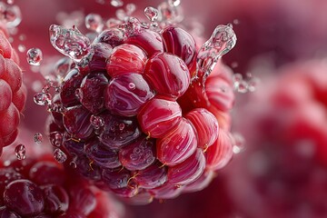 A hyperrealistic close-up of a blackberry with glistening liquid droplets and a vibrant red swirl, capturing a fresh and appetizing texture in studio lighting.
