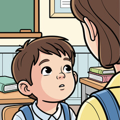 Curious schoolboy engaging with teacher in classroom setting
