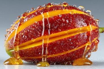 A vibrant mango drizzled with honey, showcasing hyperrealistic texture and glistening droplets against a clean background.