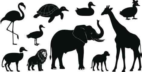 Animal silhouettes, flamingo, turtle, duck, chicken, giraffe, elephant, monkey, lion, dog hybrid, wildlife illustration, creative design, vector art © Sammi
