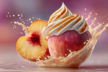 A vibrant peach splashing into creamy yogurt with caramel drizzle, captured in high-speed studio photography with a glossy, hyperrealistic finish.