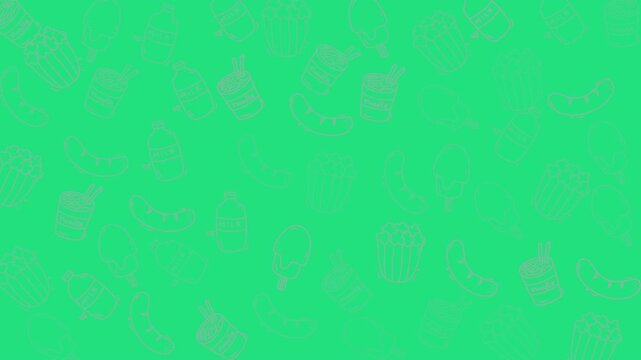 Outlined snacks on green for food blog, menu design or social media. Popcorn, ice cream, soda make fun, colorful composition. Vibrant and playful.