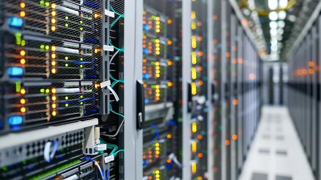 Data Server Room: A modern data center with rows of server racks, lit with blinking lights, signifies data storage and high-tech information technology.