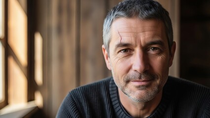 Fototapeta premium Mature Man with Graying Hair Indoor Portrait.
