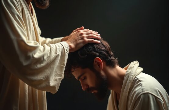 Jesus places his hand on a man head in prayer. The man bows his head in devotion. Light glows on them. Divine presence sensed in solemn moment.