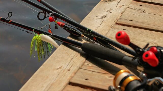 Focus shift on fishing rods lines, bobber and plastic jig with minnow lures. Spinning and casting rods with fishing tackles on boat pier near boat house Slow motion. Family fishing with kids.