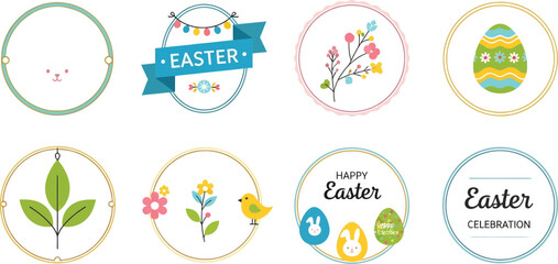 Fototapeta premium Set of eight cute Easter and spring celebration badges, labels, and icons in a flat design style.
