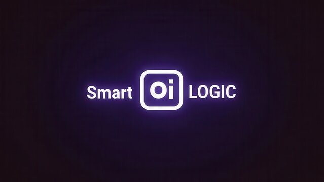 Futuristic digital neon Smart oi LOGIC text glowing intensely against a dark purple background