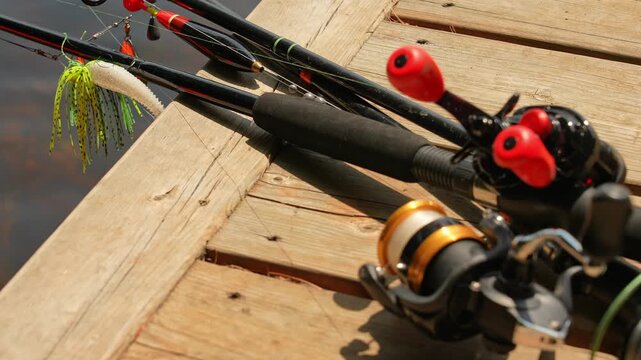 Fishing rods lines, bobber and plastic jig with minnow lures. Spinning and casting rods with fishing tackles on boat pier near boat house at cottage. Slow motion selective focus. Fishing with kids.
