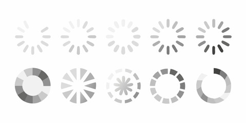 A collection of circular loading indicators in varying shades of gray