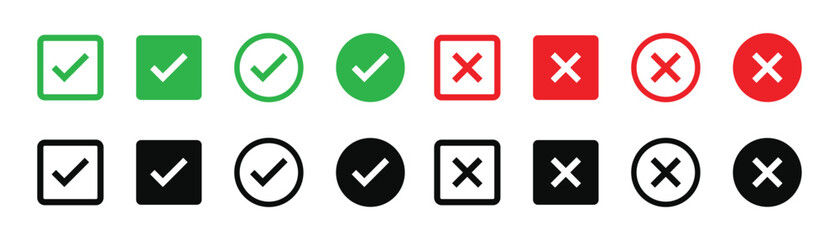 Check mark icons. green check mark and red cross mark icon set. green tick and red x. Symbols of approval and Decline, vector illustration. © Akkach