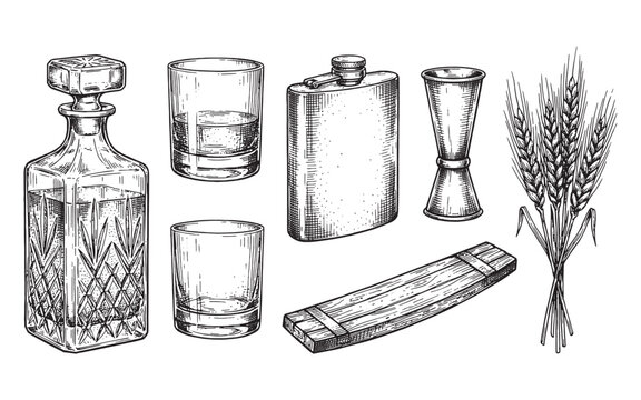 Alcohol-related elements featuring a crystal decanter, rocks glasses, a hip flask, a jigger, wheat/barley stalks, and a barrel stave.