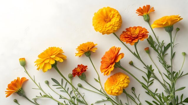 Vibrant Yellow and Orange Marigold Flowers Arranged on White Background, Bengali Spring Concept
