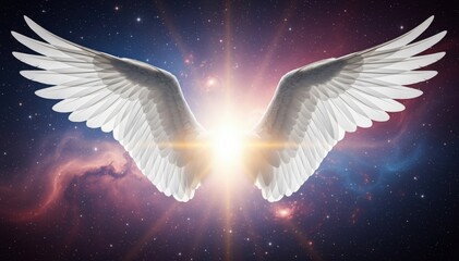 Fototapeta premium Heavenly Wings and Celestial Light: A pair of ethereal, white wings extends gracefully against a backdrop of the cosmos, with a radiant light emanating from the center.