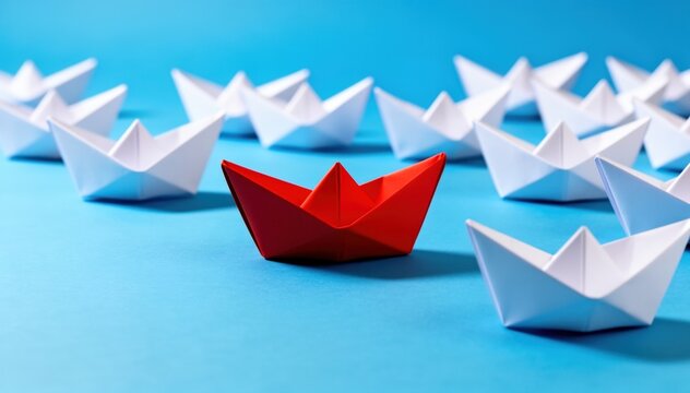 Navigating Leadership: A lone red origami boat steers through a sea of identical white paper boats, symbolizing unique leadership. 