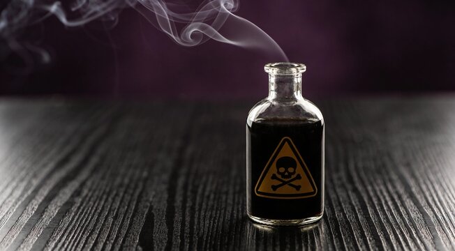 Bottle of poison with warning signs and smoke on black wooden table against purple background, closeup