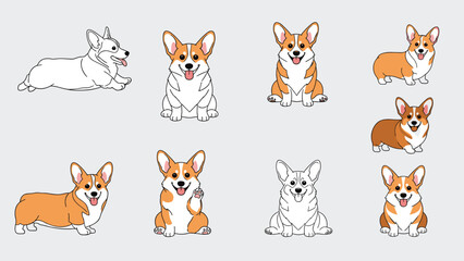 Fototapeta premium Various sketches of a Corgi dog in different positions from sitting to lying down illustrate the charming movements of this pet breed.