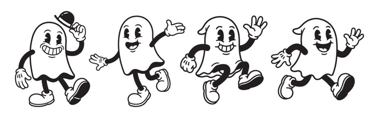Fototapeta premium Retro Cartoon Ghost Characters Mascot Vector Set for Halloween