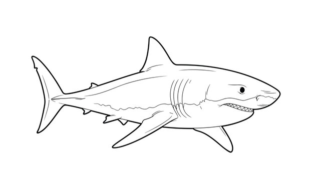 Minimalist black and white line drawing of a great white shark swimming in profile view on a white background.