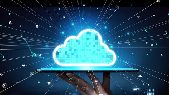 This image features a hand presenting a glowing cloud symbol on a digital tablet, highlighting the concepts of cloud computing and data connectivity in modern technology. Xenic