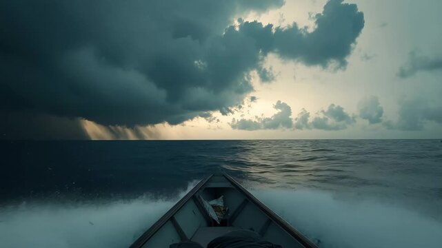 Navigating the Storm: A vessel braves turbulent seas under a dramatic, rain-filled sky.